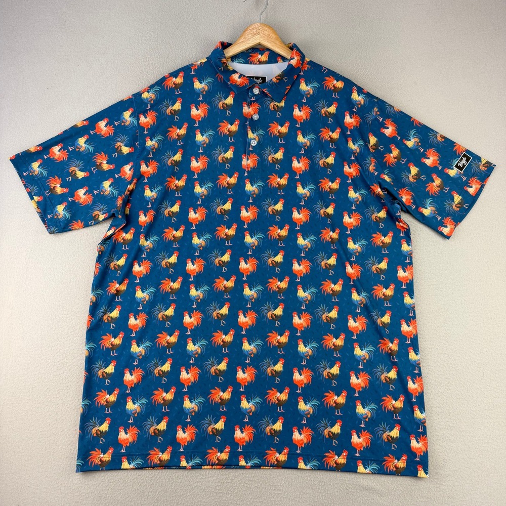 Waggle Maui Golf Polo Shirt Mens‎ 2XL Blue Rooster Print Performance - Picture 3 of 10